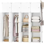 Armario Modular, Guardarropa portátil, Armario Combinado de 16 Cubos, Puerta y 2 Barras, 2 Filas de Ganchos, Ahorra Espac