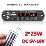Amplificador estéreo de 2x25W, 12V, 50W, módulo de Radio FM para coche, estéreo, Bluetooth 5,0, reproductor de MP3, placa decodificadora, compatible con grabadoras TF USB AUX