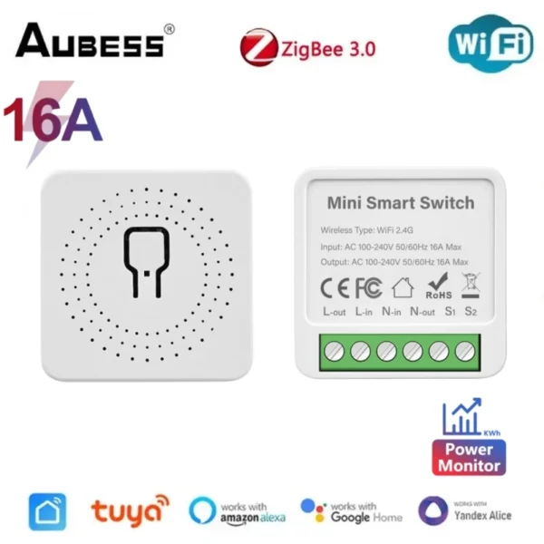 Tuya Smart Zigbee/WiFi Mini interruptor de Control bidireccional interruptor de luz con Monitor de energía SmartLife soporte remoto Alexa Google