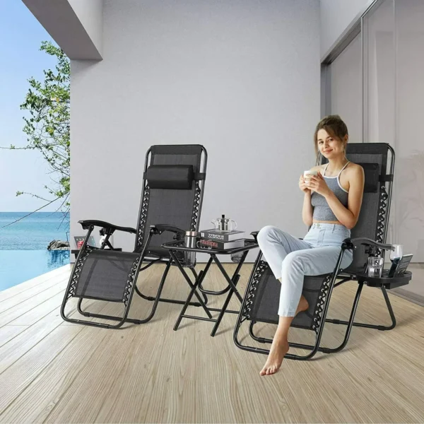Homfa Juego de tumbona para jardín con mesa plegable ajustable, silla reclinable de gravedad cero, asiento para interior/exterior