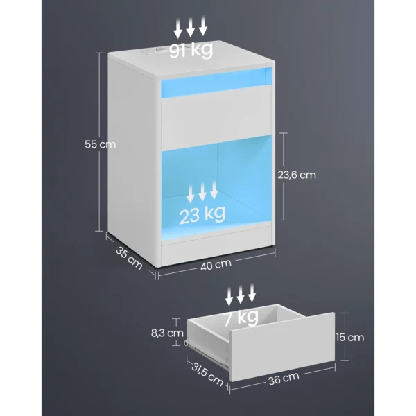 VASAGLE Mesita de Noche con Estación de Carga, Mesa Auxiliar con Luces LED Ajustables, con Cajón, 2 Tomas AC, 2 Puertos USB, Moderno, para Dormitorio, Salón, Blanco Nube/Negro Ceniza - Imagen 2