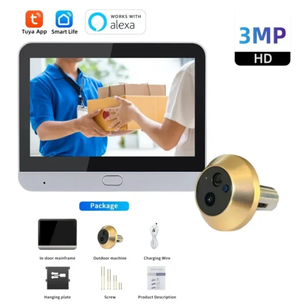 Cámara inteligente Tuya de Color dorado, 2,4G, WIFI, Peephole, para puerta, 3MP, Audio unidireccional, vídeo, ojo de la puerta, funciona con Alexa para el hogar