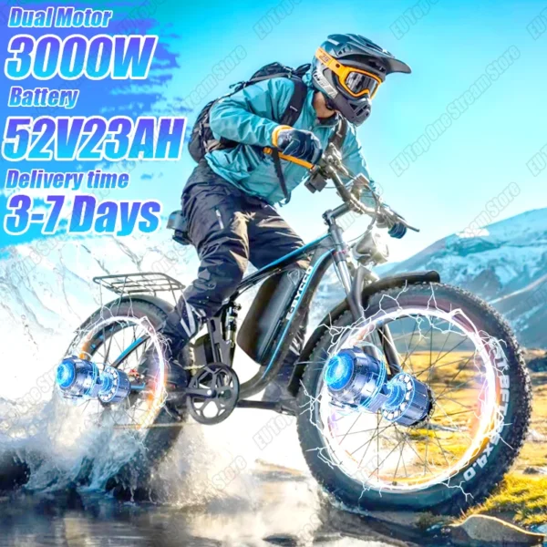 Bicicleta eléctrica de montaña, bici con Motor Dual potente, batería de litio 52V23AH, neumático ancho 26x3000 pulgadas, 4,0 W