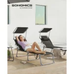 SONGMICS Sun Lounger with Headrest, Backrest, Parasol, Tilt, Lightweight, Foldable, 53x193x29.5cm, Max Load 150kg, Garden, Black