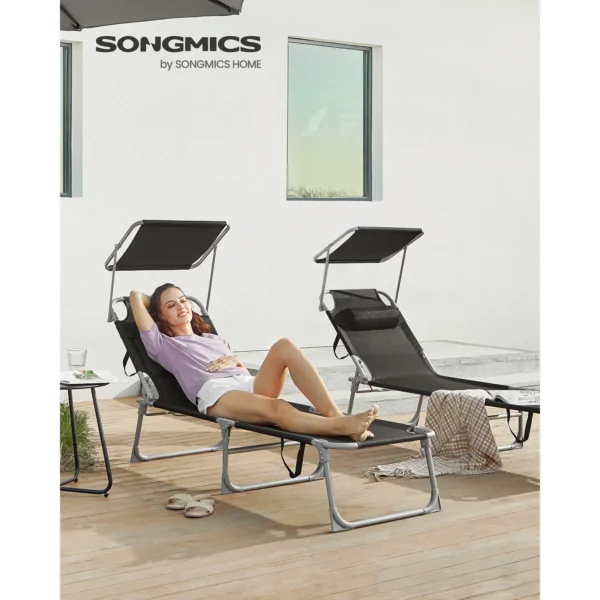 SONGMICS Sun Lounger with Headrest, Backrest, Parasol, Tilt, Lightweight, Foldable, 53x193x29.5cm, Max Load 150kg, Garden, Black