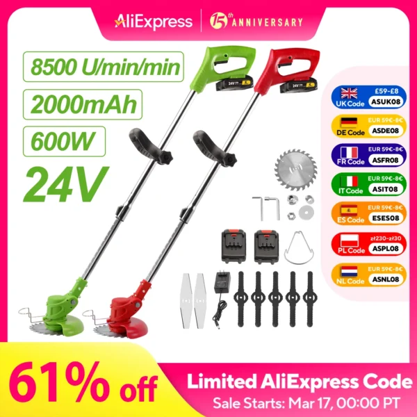Conentool-cortacésped inalámbrico de 24V, cortacésped de jardín con 2 baterías de 2000mAh y 15 cuchillas