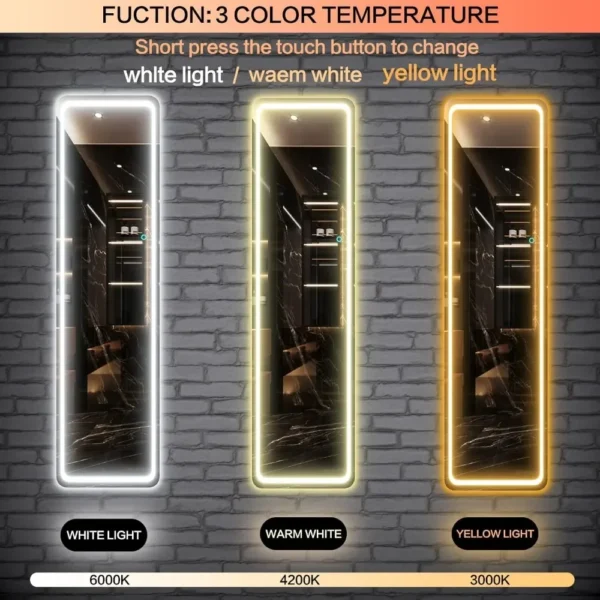 Espejo de suelo independiente LED con atenuación y iluminación de 3 colores para dormitorio (blanco), espejo grande, espejos de cuerpo completo, muebles para sala de estar - Imagen 4
