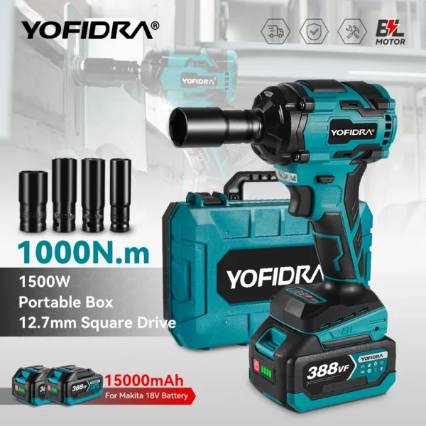 YOFIDRA-llave de impacto eléctrica sin escobillas, destornillador de mano inalámbrico para coche, juego de enchufes para batería Makita de 18V, 1/2 ", 1000N.M