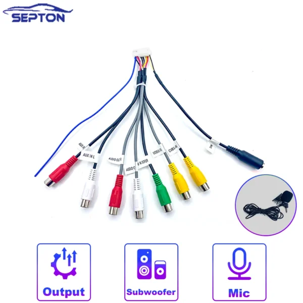 SEPTON-arnés de cables de salida, línea de interfaz de micrófono, adaptador de Cable RCA Universal de 3,5mm, Conector de cableado de 20 pines para Radio de coche Android - Imagen 4