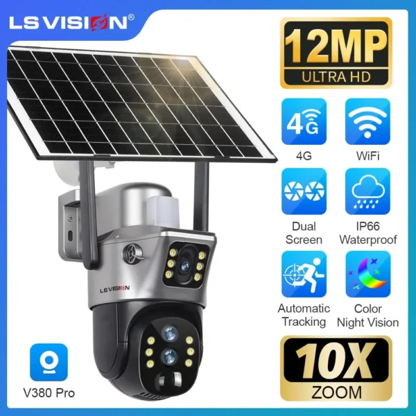 LS VISION 12MP 4G/WiFi cámara Solar de doble pantalla para exteriores Zoom 10X 6K tres lentes cámara de vigilancia de seguimiento automático humano V380 Pro