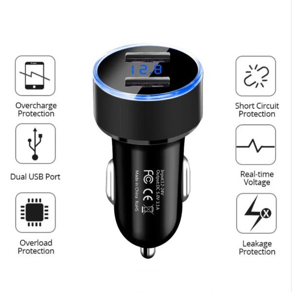 Adaptador de cargador de coche USB Dual rápido Universal, 12V-24V, pantalla LED, encendedor de cigarrillos, ABS, cargador de teléfono para coche