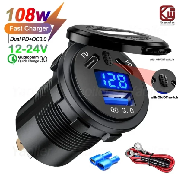 Kewig-enchufe USB de 12V, puerto de USB-C Dual PD de 108W, carga rápida 3,0, cargador USB para coche, toma de corriente impermeable con interruptor de voltímetro