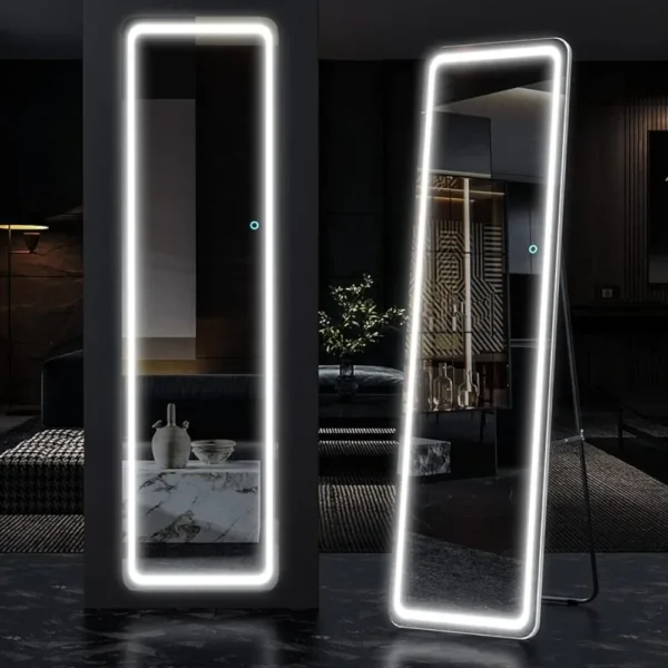 Espejo de suelo independiente LED con atenuación y iluminación de 3 colores para dormitorio (blanco), espejo grande, espejos de cuerpo completo, muebles para sala de estar