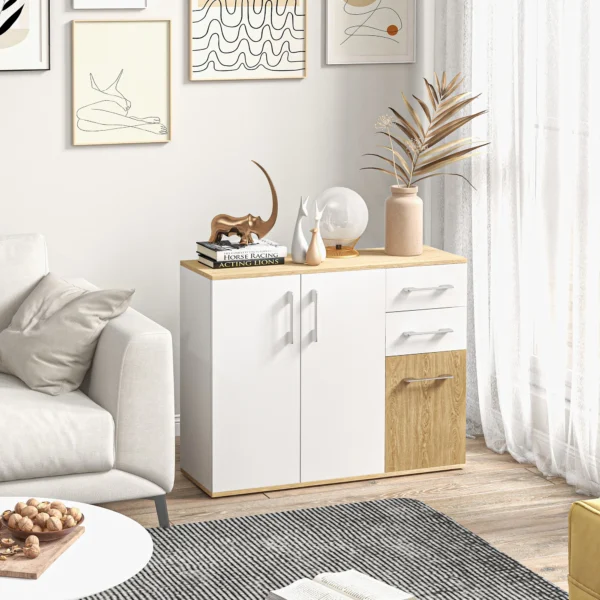 HOMCOM Aparador de Salón Moderno con 2 Cajones 90x30x75,5 cm Blanco y Natural - Imagen 4