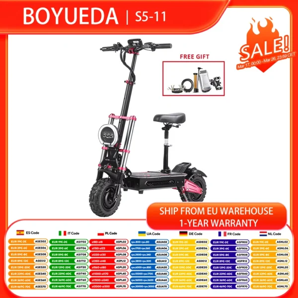 BOYUEDA-patinete eléctrico S5-11, Motor de 2x3000W, batería de 60V y 38Ah, patinete con neumáticos de 11 pulgadas, velocidad máxima de 85 km/h, frenos de disco, pantalla LCD