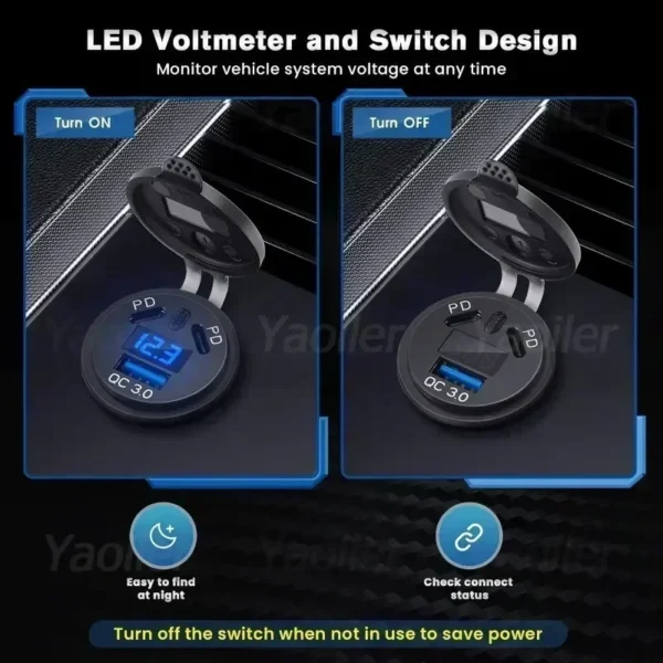 Kewig-enchufe USB de 12V, puerto de USB-C Dual PD de 108W, carga rápida 3,0, cargador USB para coche, toma de corriente impermeable con interruptor de voltímetro - Imagen 4