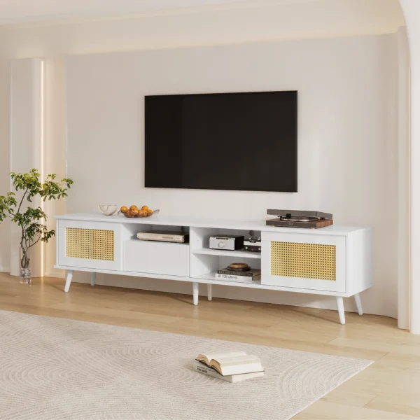 Soporte de TV de ratán blanco, 200x40x49 cm, 90 pulgadas, 2 puertas, 1 cajón, 3 ventiladores de mano abierta, construcción robusta, carga de 50 kg - Imagen 2