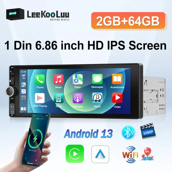 LeeKooLuu-Radio con GPS para coche, reproductor Multimedia con Android 6,86, 1 Din, 13,0 pulgadas, 2 gb + 64 gb, Bluetooth, WIFI, Carplay