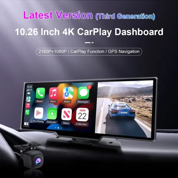 Cámara de salpicadero de 10,26 pulgadas, 4K, 3840x2160, Carplay inalámbrico y Android, navegación automática, Control por voz, cámara de visión trasera DVR para coche, pantalla de Monitor BT - Imagen 2