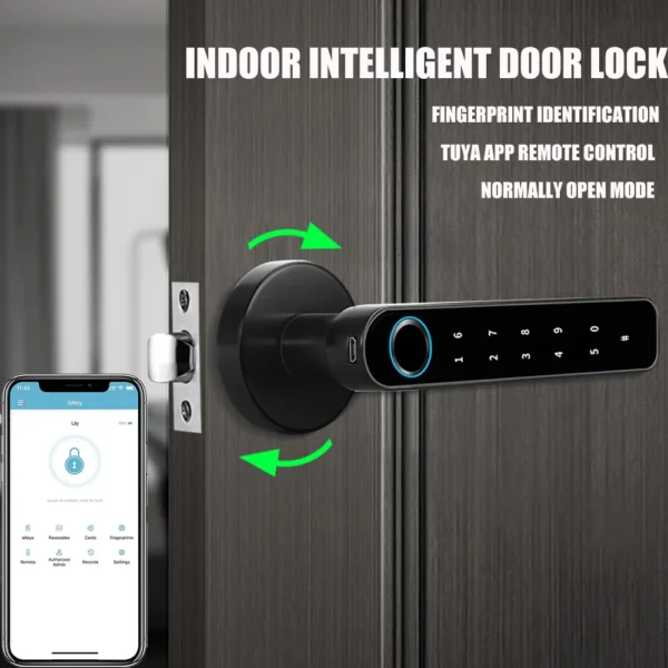 Tuya-cerradura inteligente con Control remoto por Bluetooth, cerradura con contraseña y huella dactilar, biométrica eléctrica, cerradura de puerta con pestillo único, envío desde España - Imagen 6
