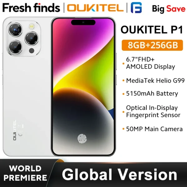 OUKITEL P1 Smartphone Pantalla AMOLED de 6,7 pulgadas MTK Helio G99 8GB 256GB Versión Global Cámara de 50MP 5150mAh NFC Android 14 Cellpho