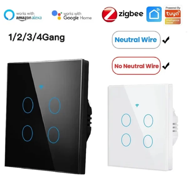 ZigBee-interruptor inteligente táctil de pared, 1/2/3/4 entradas, botón de pared de control de luz LED sin neutro/con cable, voz inteligente con Alexa y Google Home