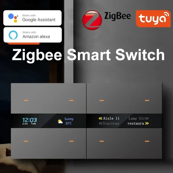 Interruptor Zigbee inteligente Tuya con pantalla de tiempo meteorológico, función de detección de movimiento humano, interruptor de botón de luz de pared de 4 entradas, control remoto