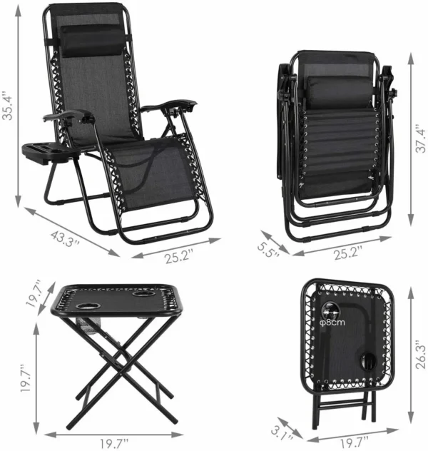 Homfa Juego de tumbona para jardín con mesa plegable ajustable, silla reclinable de gravedad cero, asiento para interior/exterior - Imagen 2