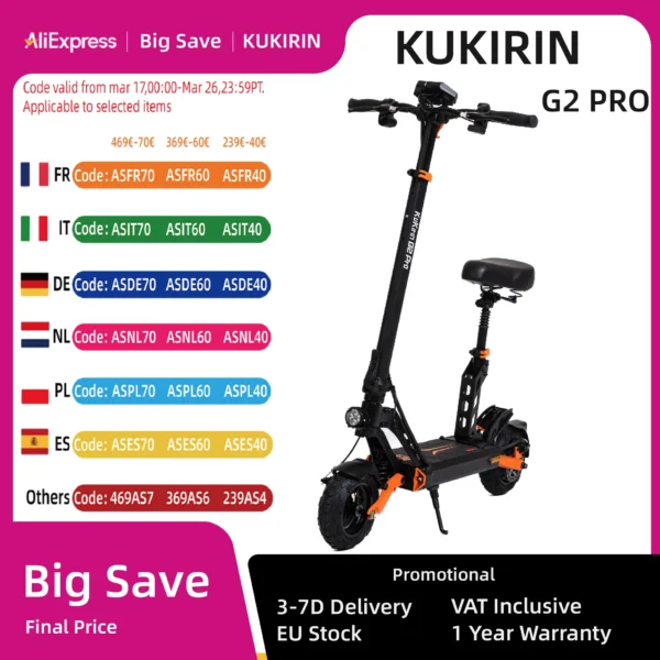 Kukirin-patinete eléctrico G2 Pro con asiento, Motor de 1000W, 48V, batería de 15,6 Ah, velocidad de 45 KM/H, rango de 58KM