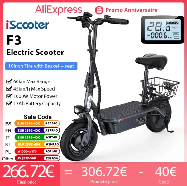 IScooter-patinete eléctrico F3 con cesta, 1000W, 13Ah, 45 km/h de velocidad, neumáticos de carretera