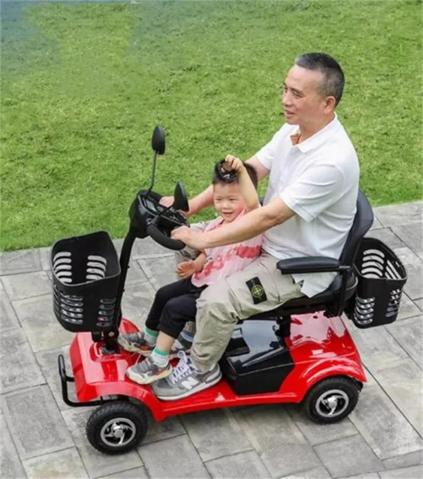 Patinete de movilidad familiar plegable, 4 ruedas para personas mayores discapacitadas, 2 asientos, batería giratoria 365, Scooter Eléctrico extraíble para padres e hijos - Imagen 6