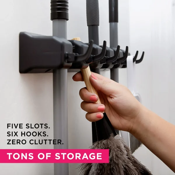 Soporte para fregona montado en la pared, estante multifuncional para colgar escoba de 3/4/5 posiciones, almacenamiento para el hogar y la cocina, soporte para fregona de plástico mágico negro - Imagen 2
