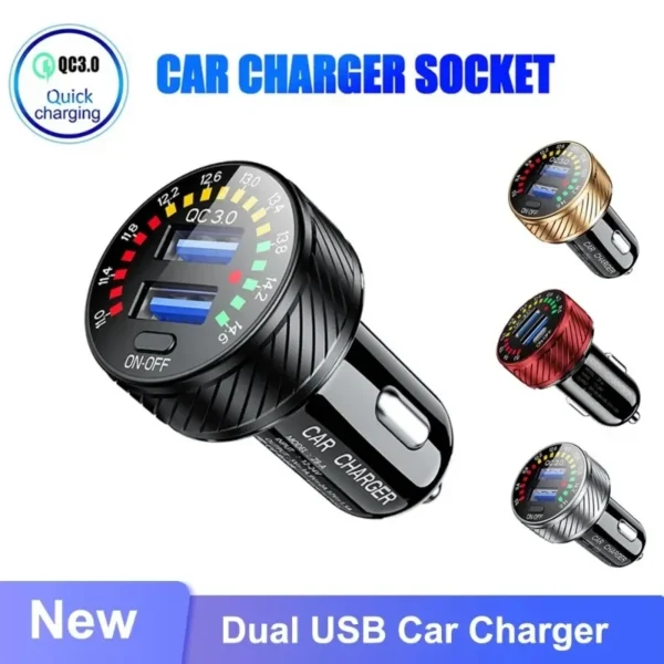 Cargador de coche USB Dual QC 3,0 de 12/24V, resistente al agua, 18W, luz de marquesina de carga rápida, voltímetro LED, interruptor de encendido y apagado, adaptador de cargador de coche - Imagen 2