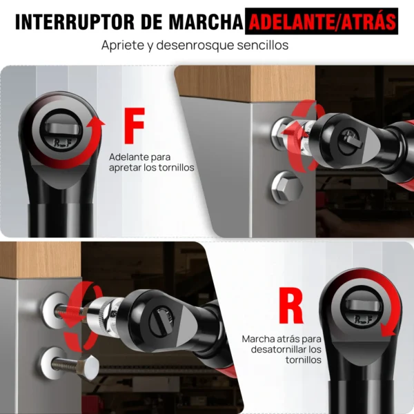 DayPlus Llave de trinquete eléctrica sin cuerda de 3 / 8 ", kit de trinquete eléctrico de 12v, llave de ángulo 200nm 90 °, con 2 baterías 1500mah y 7 juegos de llave de trinquete de enchufe, con luz de trabajo LED - Imagen 2