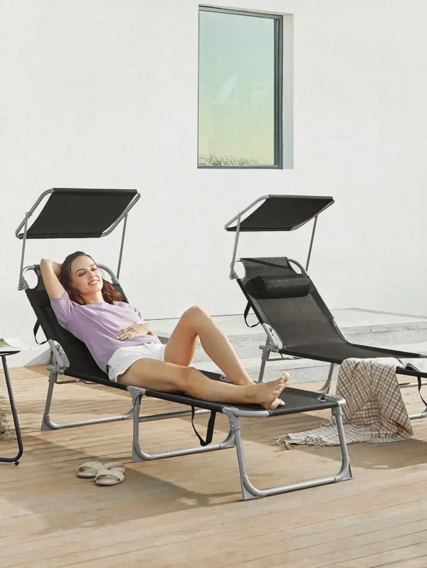 SONGMICS Sun Lounger with Headrest, Backrest, Parasol, Tilt, Lightweight, Foldable, 53x193x29.5cm, Max Load 150kg, Garden, Black - Imagen 6