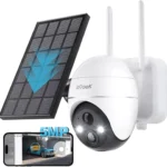 ieGeek Cámara de vigilancia WiFi inalámbrica para exteriores de 5 MP, cámara solar, cámara de 360 grados, detección PIR humana, visión nocturna en color