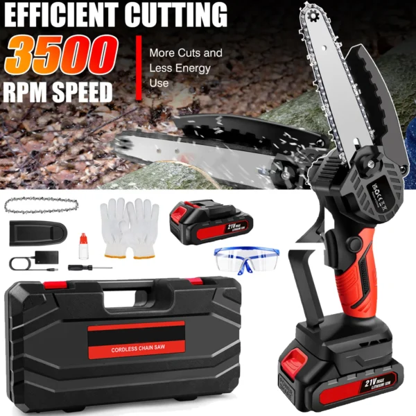 Motosierra eléctrica inalámbrica de 6 pulgadas y 21V, herramienta eléctrica de motosierra de corte de madera de jardín de mano con cadenas, batería recargable