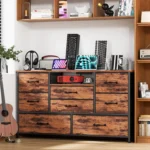 Tocador con soporte para TV de 55 pulgadas con 8 cajones, mesitas de noche de 45,3 pulgadas de alto con puertos USB en dormitorio, oficina, estantes de madera con marco de Metal