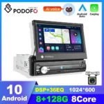 Podofo 1 DIN Android 10 Radio de coche Carplay Universal 7 ''pantalla retráctil reproductor MP5 Auto Radio estéreo GPS receptor BT
