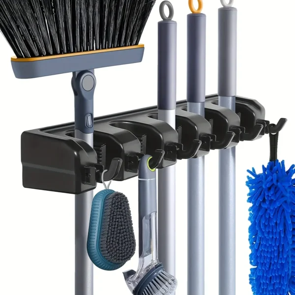 Soporte para fregona montado en la pared, estante multifuncional para colgar escoba de 3/4/5 posiciones, almacenamiento para el hogar y la cocina, soporte para fregona de plástico mágico negro