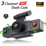 Cámara de salpicadero de 3 canales, grabadora de vídeo, cámara de tres lentes para coche con visión trasera DVR, Monitor de estacionamiento 24H, caja negra, accesorios para coche