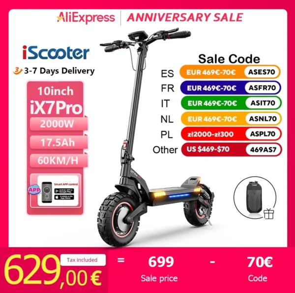 ISCooter iX7Pro-patinete eléctrico todoterreno de 10 pulgadas, 2000W, doble Motor, 17,5Ah, 60 km/h, potente patinete eléctrico con aplicación