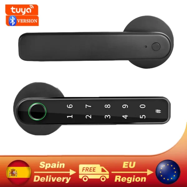 Tuya-cerradura inteligente con Control remoto por Bluetooth, cerradura con contraseña y huella dactilar, biométrica eléctrica, cerradura de puerta con pestillo único, envío desde España