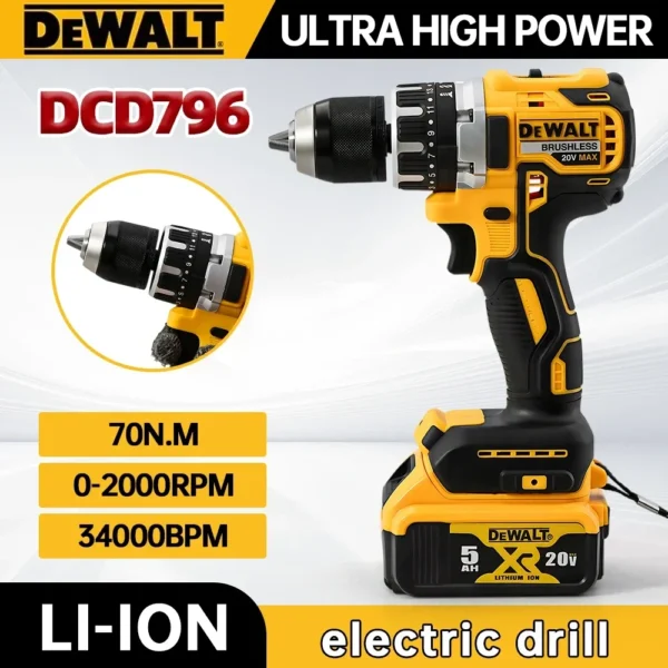 Dewalt DCD796 Taladro de impacto sin escobillas inalámbrico Taladro sin escobillas Multifuncional Recargable Portátil 20V Batería Herramientas eléctricas - Imagen 2