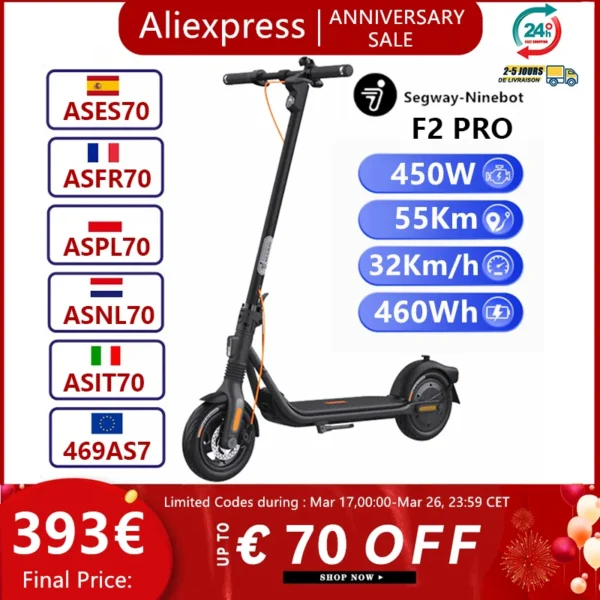 Patinete eléctrico Ninebot por Segway F2 Pro, patinete eléctrico Original con velocidad máxima de 32 km/h, Motor de 900W, rango máximo de 55km, STOCK en la UE