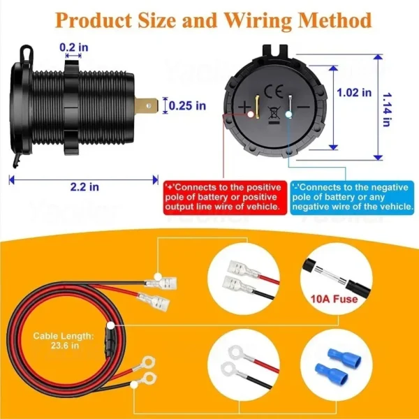 Kewig-enchufe USB de 12V, puerto de USB-C Dual PD de 108W, carga rápida 3,0, cargador USB para coche, toma de corriente impermeable con interruptor de voltímetro - Imagen 6