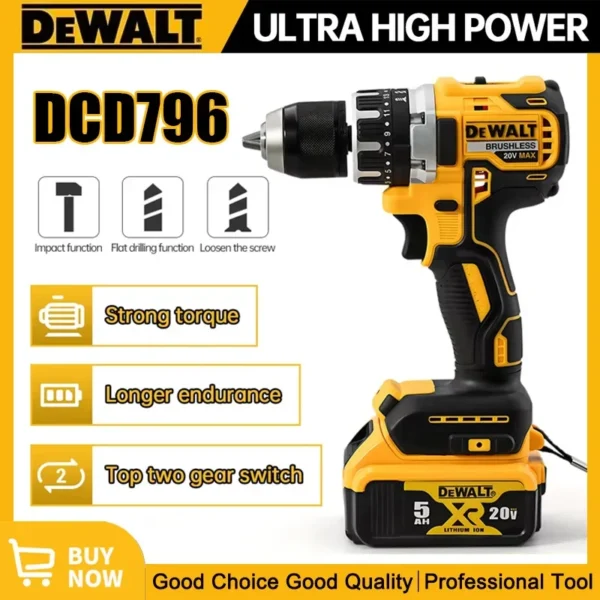 Dewalt DCD796 Taladro de impacto sin escobillas inalámbrico Taladro sin escobillas Multifuncional Recargable Portátil 20V Batería Herramientas eléctricas