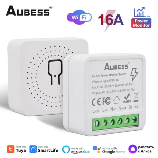16A WiFi Tuya interruptor inteligente Mini módulo de interruptor de 2 vías con Monitor de energía Control de hogar inteligente a través de Alexa Google Alice SmartLife