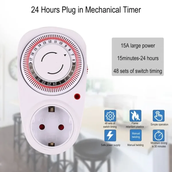 Enchufe mecánico programable con conexión a tierra para interiores, enchufe de Cuenta atrás inteligente, 24 horas, UE/EE. UU./Reino Unido, Apagado automático
