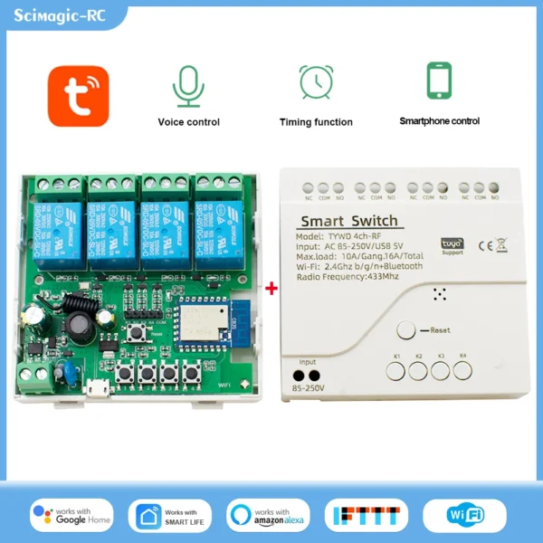 Interruptor de luz inteligente Wifi 4CH Mdule DC 5V 12V 24V RF 433 receptor 10A relés funcionan con Alexa asistente de Google Tuya Smart Life